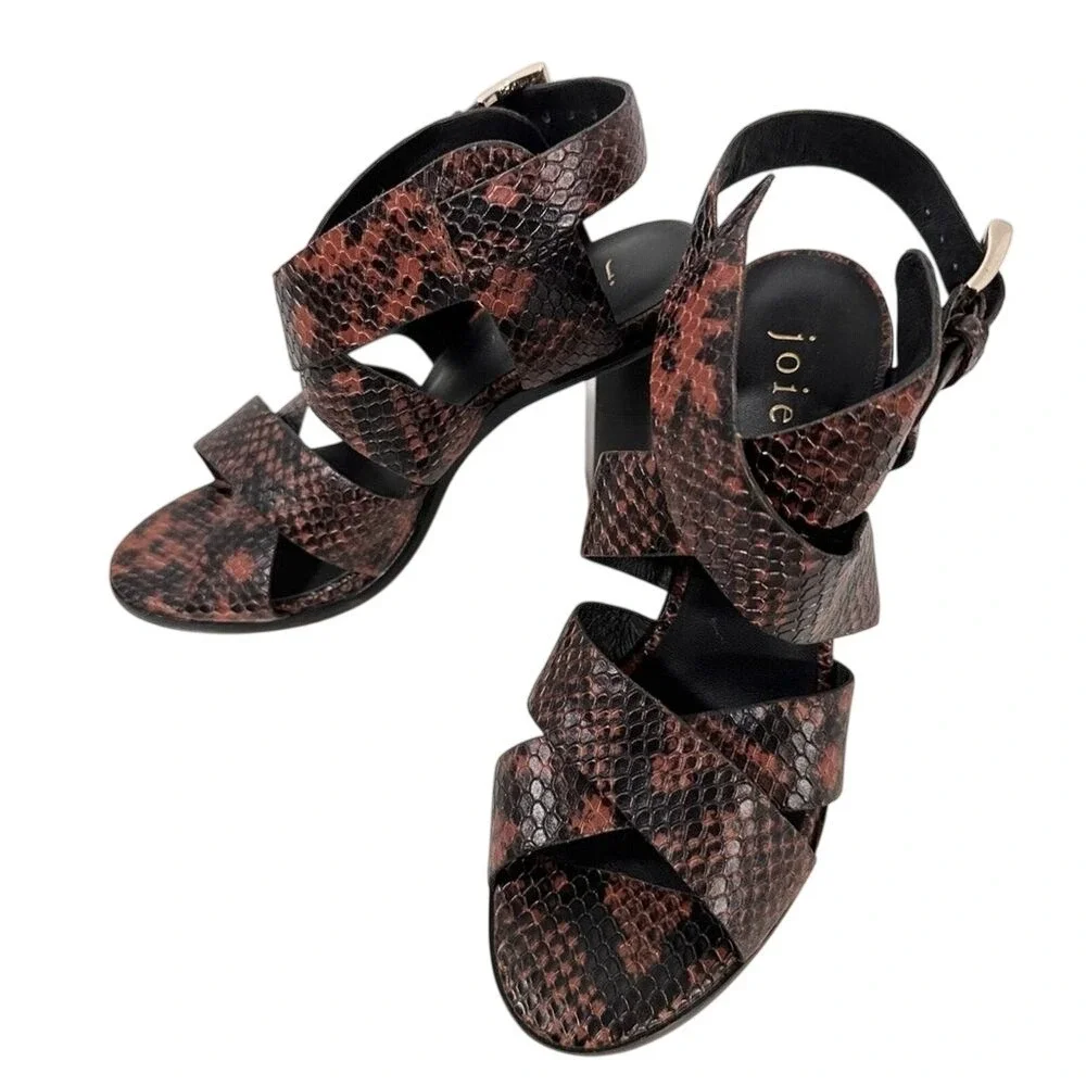 Joie Brown Snakeskin Embossed Strappy Block Heel Sandals Size 36.5 Buckle Ankle